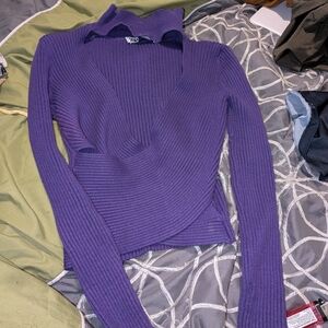 Zara Purple V-Neck Ribbed Sweater